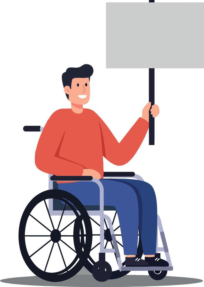 A young man in a wheelchair holding a blank sign while smiling, featuring a flat design style, emphasizing empowerment and positivity in illustration vector