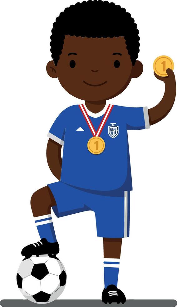 A young boy proudly displaying a gold medal while standing beside a soccer ball in a colorful, minimal style illustration vector