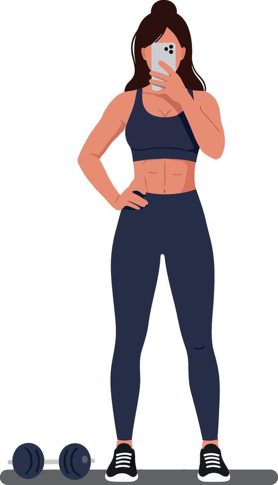 Confident woman in athletic wear taking a selfie with dumbbells nearby in a flat and minimal style illustration vector