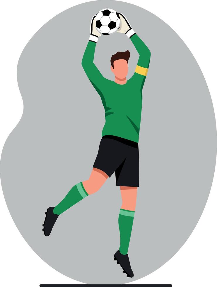 Goalkeeper in green uniform performing an impressive save with a soccer ball in a dynamic, flat illustration vector