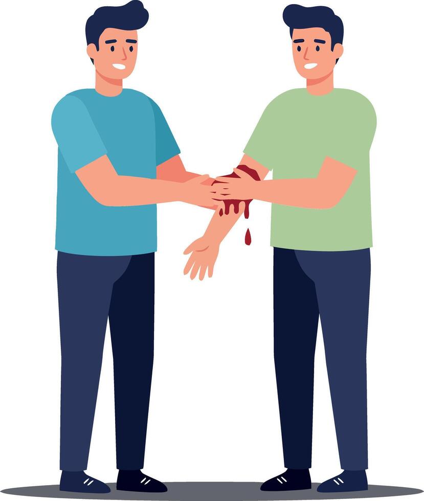 Two men assisting each other with a minor injury in a flat style illustration displaying care and support in a friendly atmosphere vector