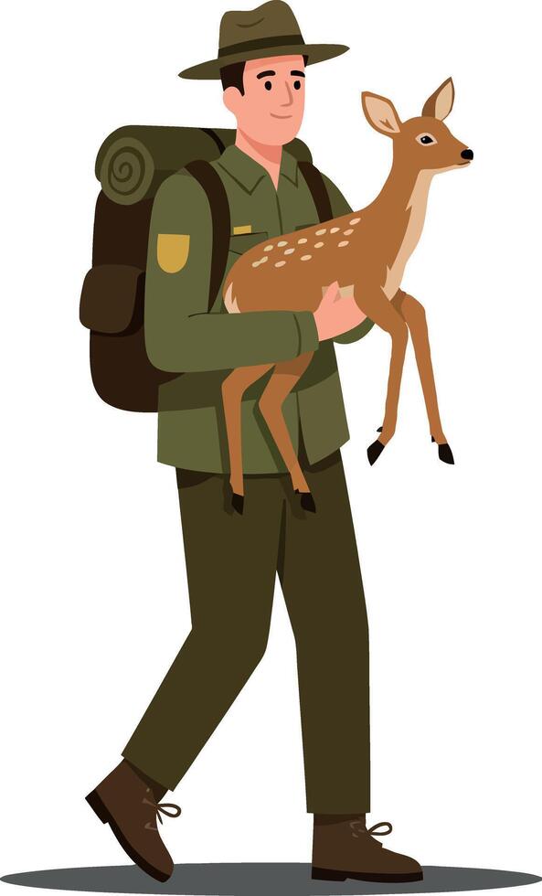 A ranger wearing a green uniform carries a fawn in his arms, showcasing a caring moment in a minimal illustration style of nature conservation art vector