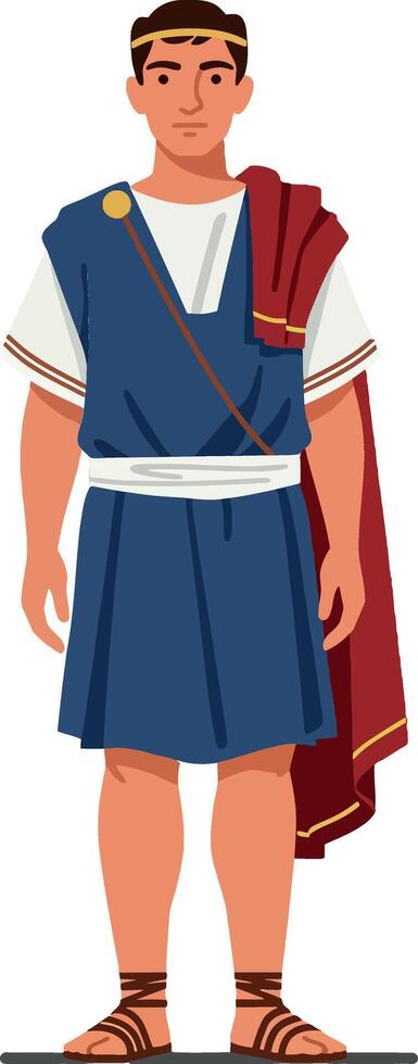 A young man dressed in traditional Roman attire stands confidently, showcasing a detailed flat design style in art vector