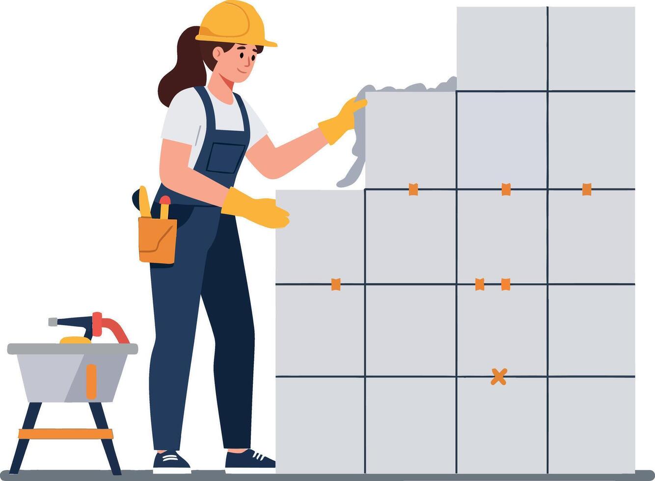 A woman in work attire applying finishing touches to a wall of stacked blocks in flat art vector