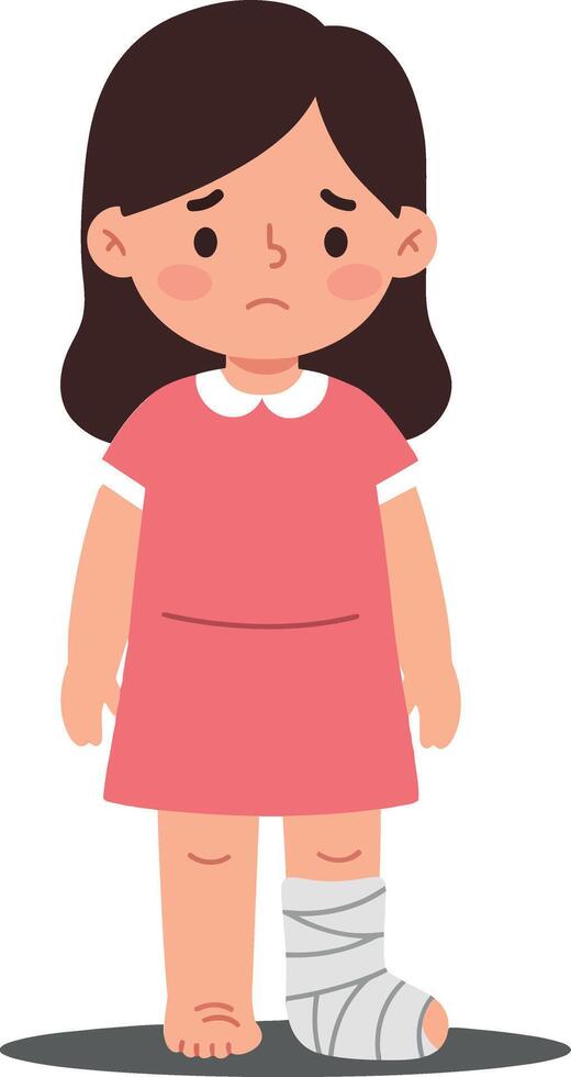 A sad young girl with a bandaged leg wearing a pink dress in a flat design style illustration vector