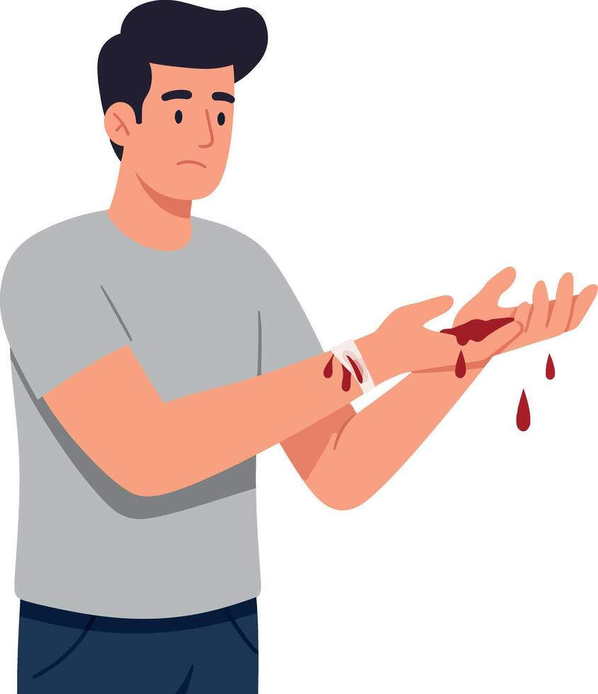 Concerned Man Observing Cut on Hand in Minimal Flat Style Illustration vector