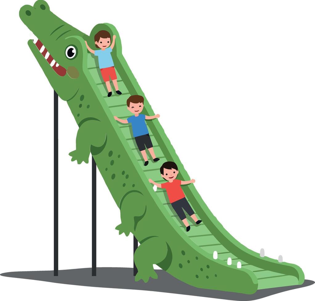 Children joyfully sliding down a vibrant green crocodile slide in a playful, flat design illustration vector