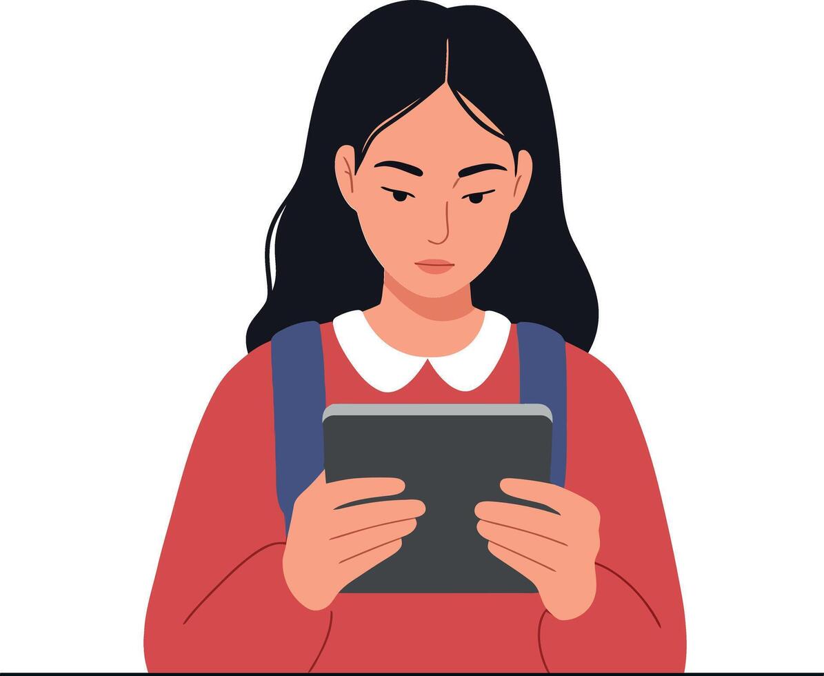 Young girl with dark hair wearing a red sweater and backpack, focused on a tablet screen in a flat illustration vector