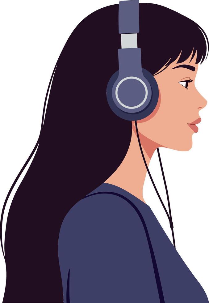 Woman wearing stylish headphones in profile view with long black hair, flat design style, enjoying music in vibrant illustration vector