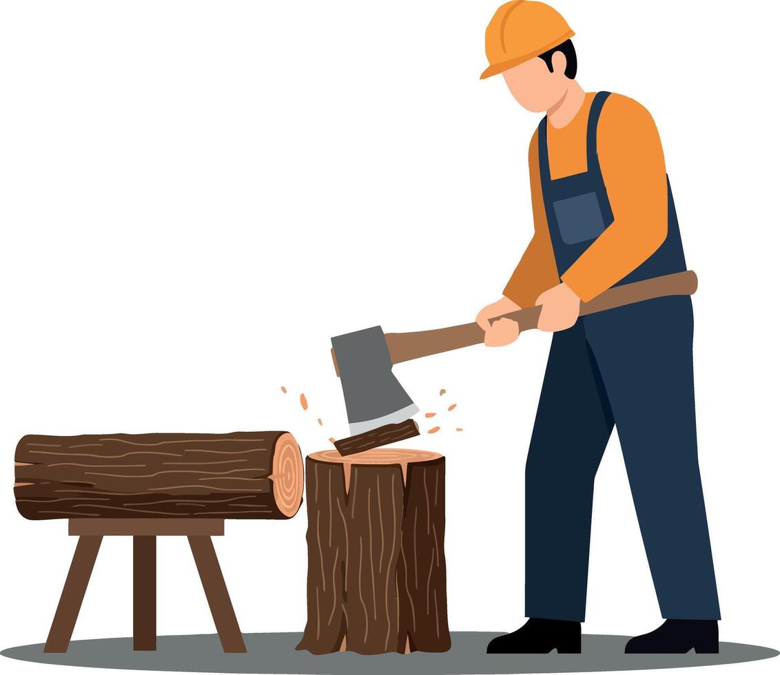 A man in an orange shirt and yellow hard hat chopping wood with an axe in a flat illustration style showcasing hard work and determination in a forest setting art vector