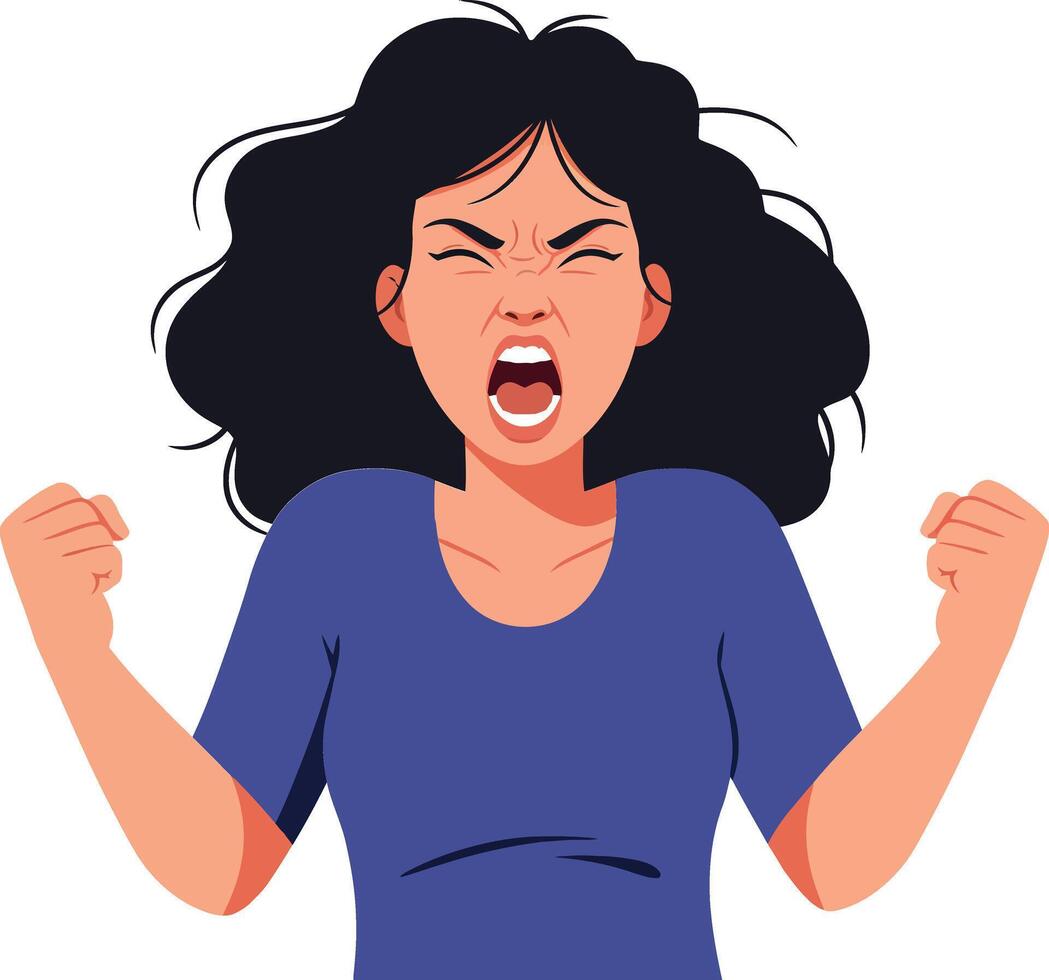 Angry woman with curly black hair expressing frustration in a minimal and vibrant style of art vector