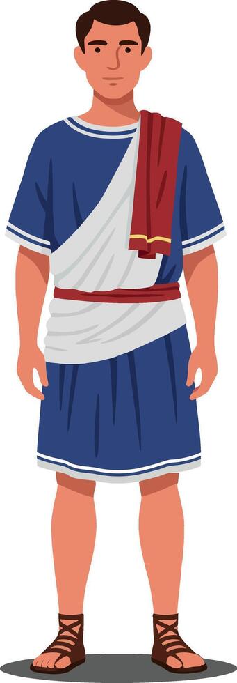 Young man dressed in traditional Roman attire with sandals, showcasing detailed flat design style in vibrant colors, illustration vector