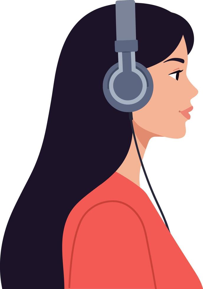 Young woman with long black hair wearing headphones in a profile view, showcasing a flat design style, enjoying music in art vector