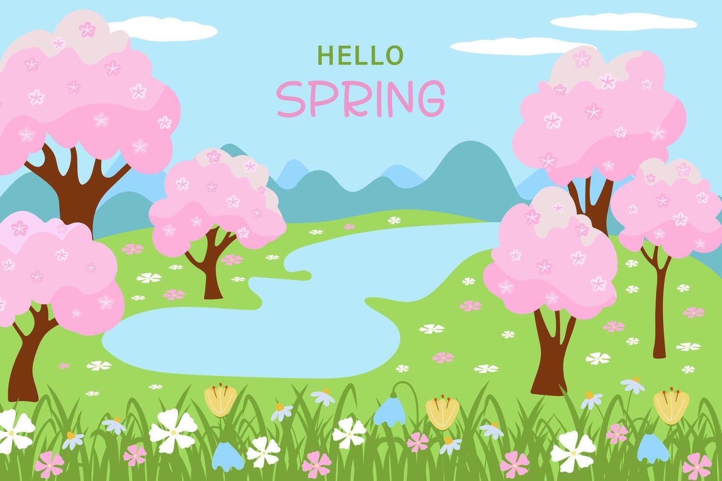 Spring landscape with blooming sakura and river. Spring field. vector