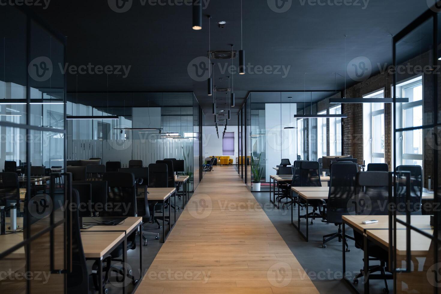 Modern business, glass-walled startup office, open and spacious workspace exudes a modern and innovative vibe, fostering a dynamic atmosphere that supports creativity, collaboration, and business photo