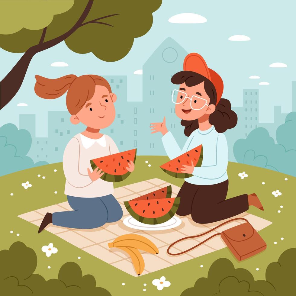 Two girlfriends at a picnic in a city park eating watermelon and talking. vector