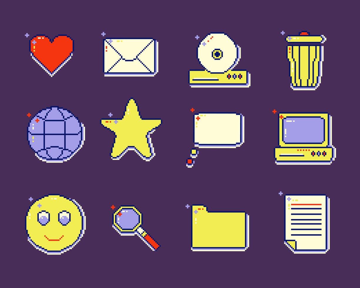 Nostalgic pixel art eight bit operating system and shapes icon set. Y2k retro 90s vaporwave style. vector