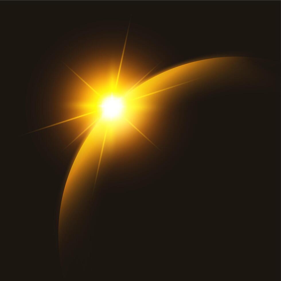 Sunrise over planet, glowing sunburst space background vector