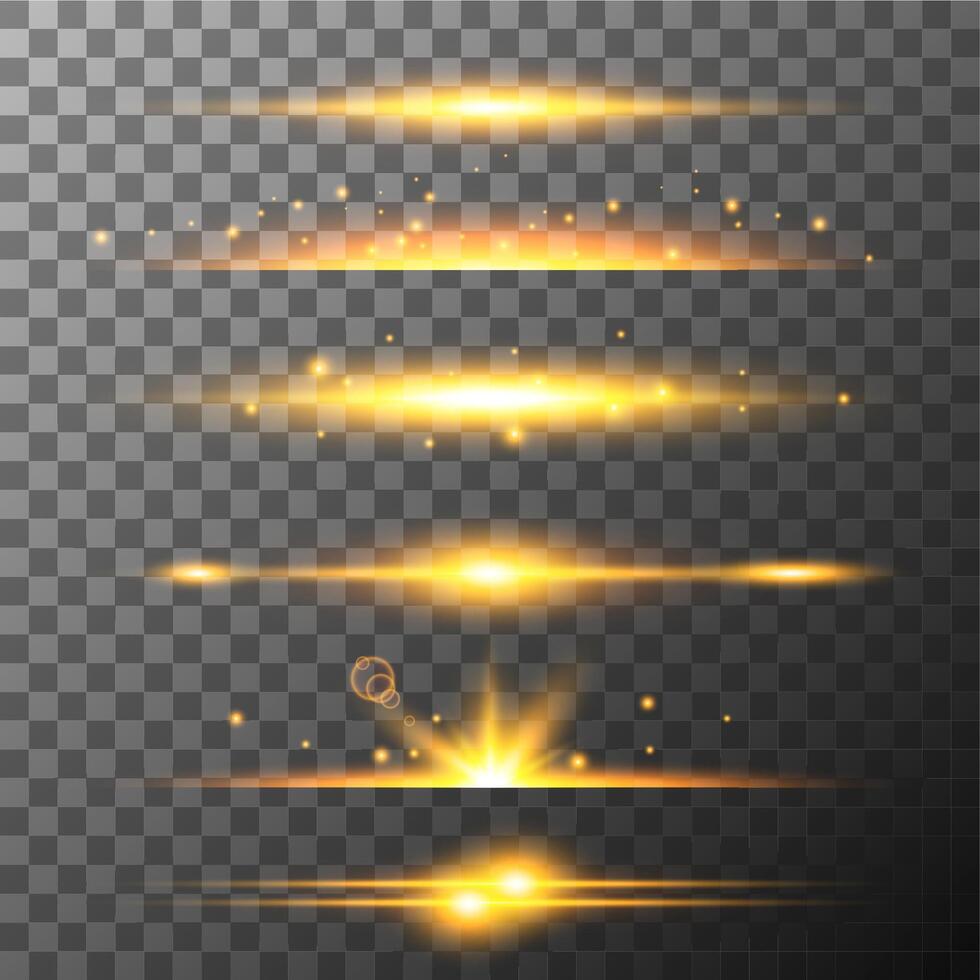 Shiny horizontal flare set, glowing energy lines collection vector