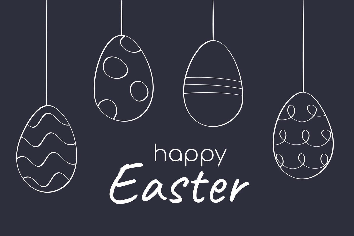 Happy Easter Chalkboard outline patterned hanging Eggs. Hand drawn Chalk Contour on dark background. Doodle card. Holiday element tied with Rope. Circle, stripe, wave. Spring. illustration vector