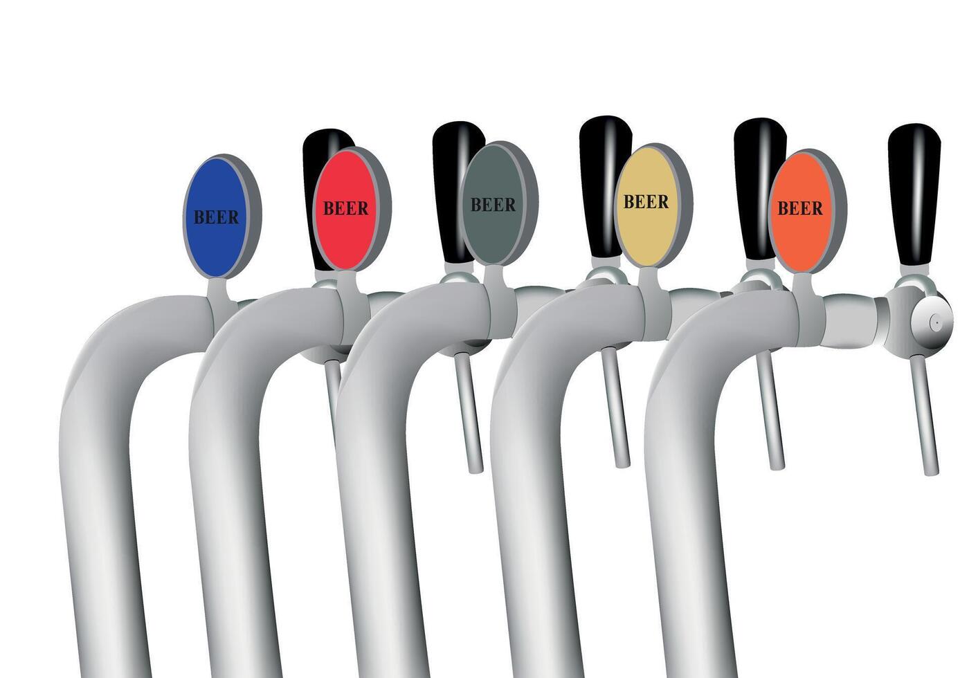 A row of beer taps with different colored handles vector