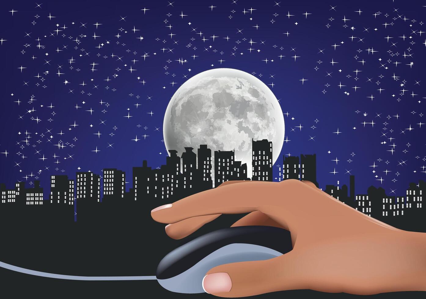 Hand using mouse with city skyline and full moon background vector
