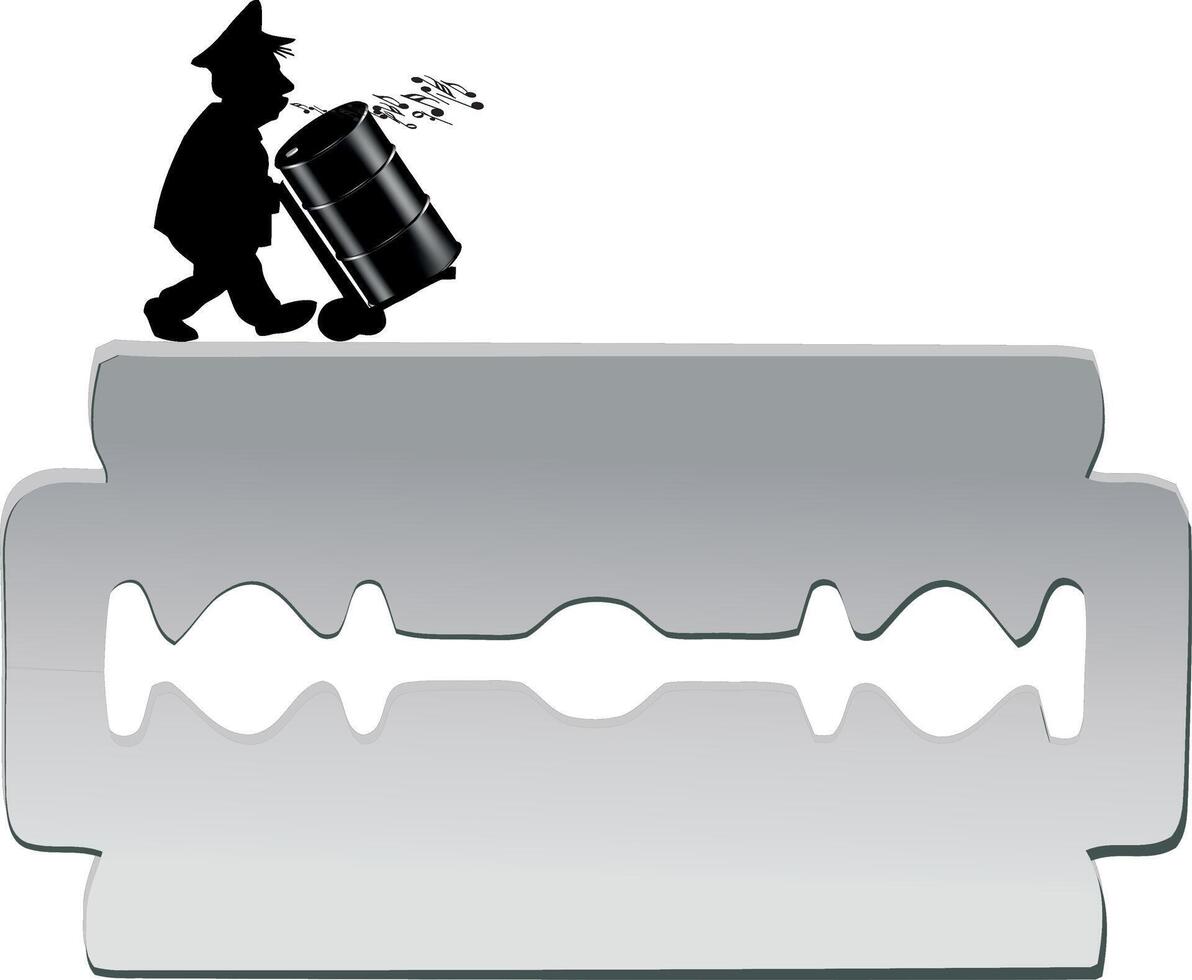 Smuggler pushing barrel with contraband on razor blade edge vector