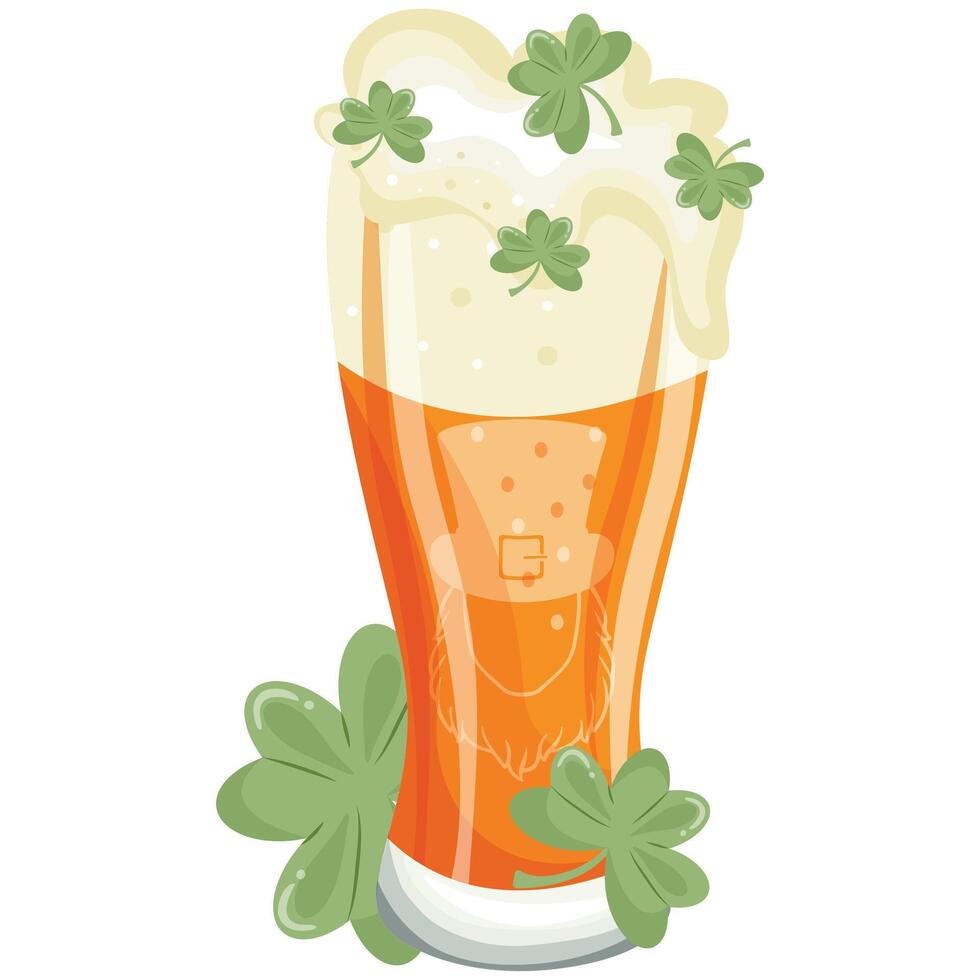 long glass icon with leprechaun face print with wheat beer and shamrock leaves, st patrick's day design vector