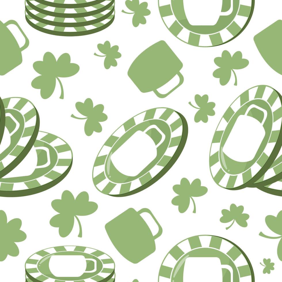 seamless pattern with various poker green chips with prints of round glasses and shamrocks and beer mugs arranged randomly for various holiday designs vector