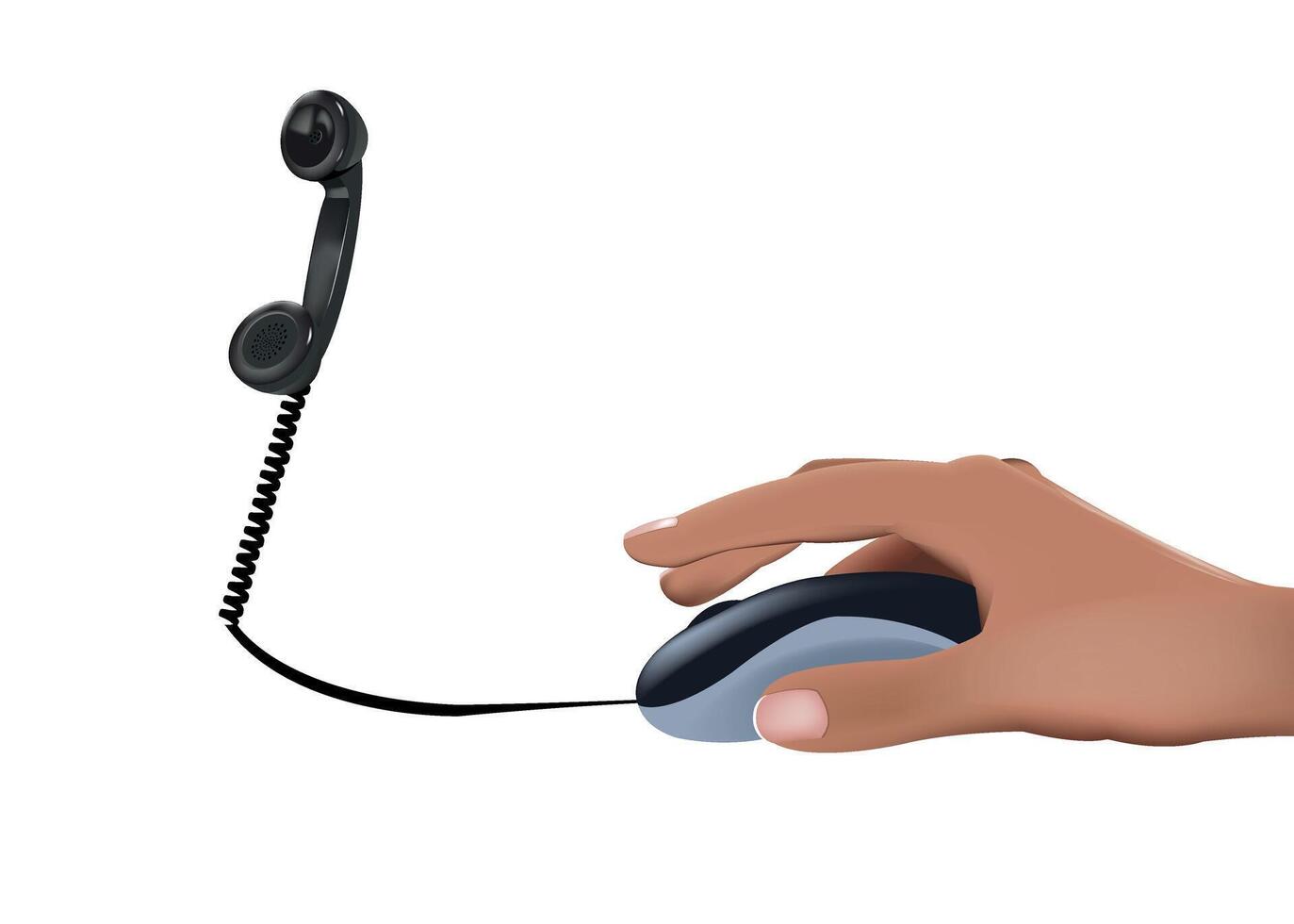 Hand using computer mouse connected to telephone receiver, voip technology vector