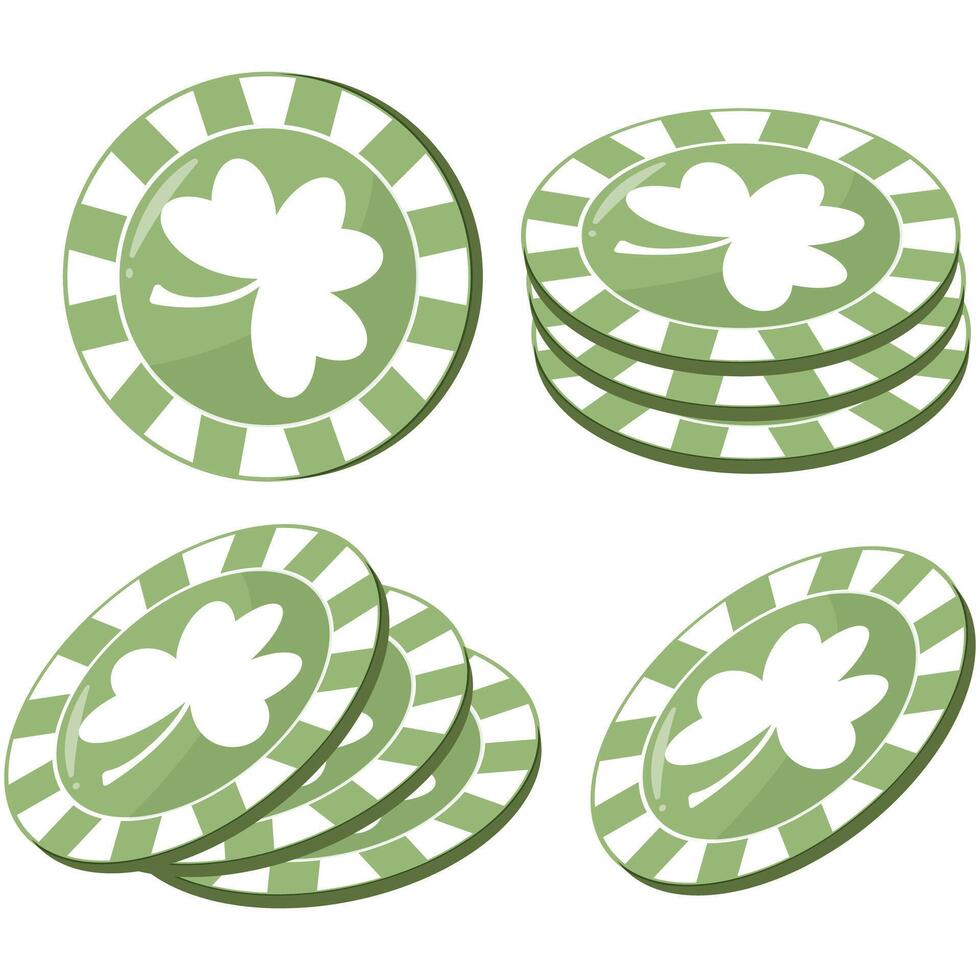 set of round green poker chips with a shamrock print for St. Patrick's Day, for a variety of designs and posters vector
