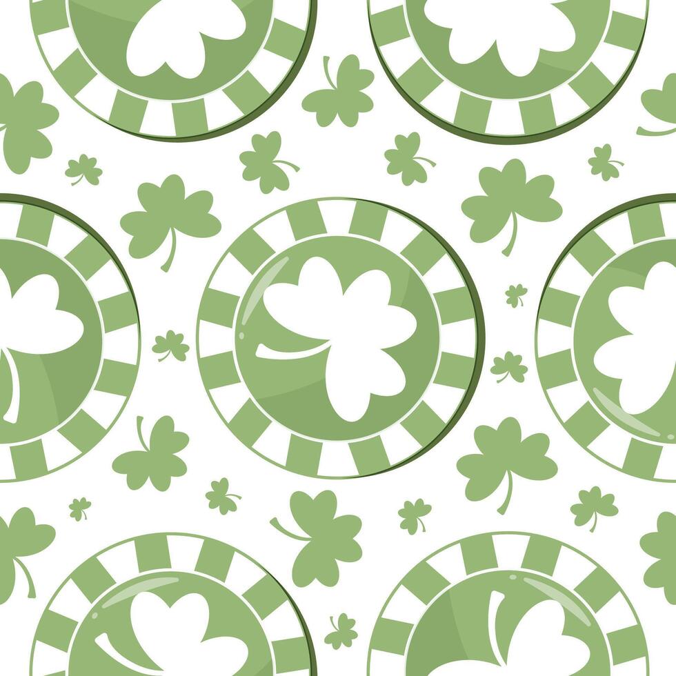 seamless pattern with shamrocks and green chips with shamrock prints arranged randomly, for holiday designs for St. Patrick's Day vector