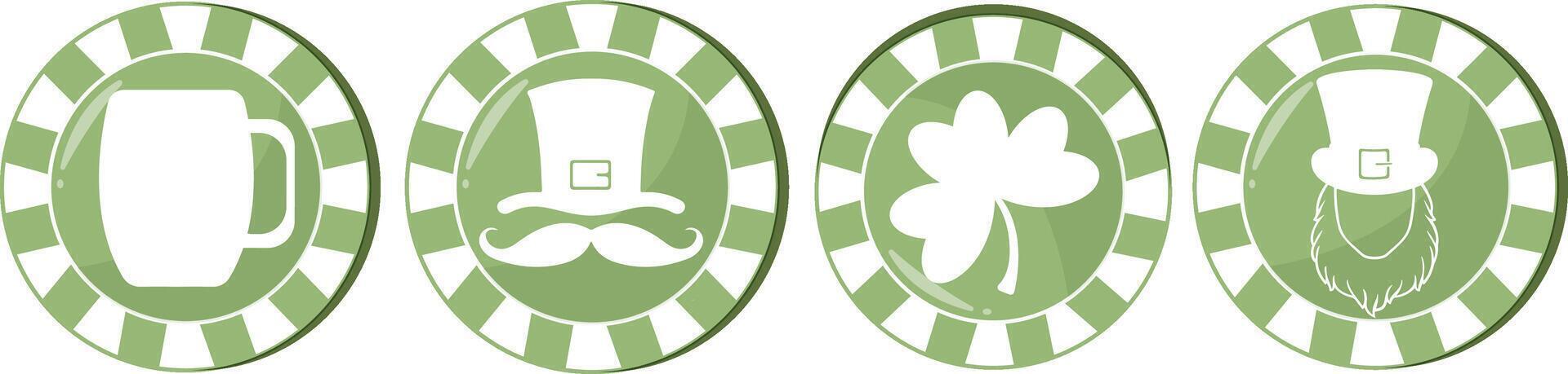 set of round green poker chips with various prints for St. Patrick's Day, for various designs and posters vector