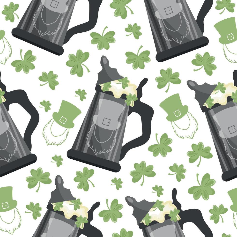 seamless pattern with metal circles with imprint of leprechaun face with wheat beer and shamrock leaves arranged randomly, design for st patrick's day vector