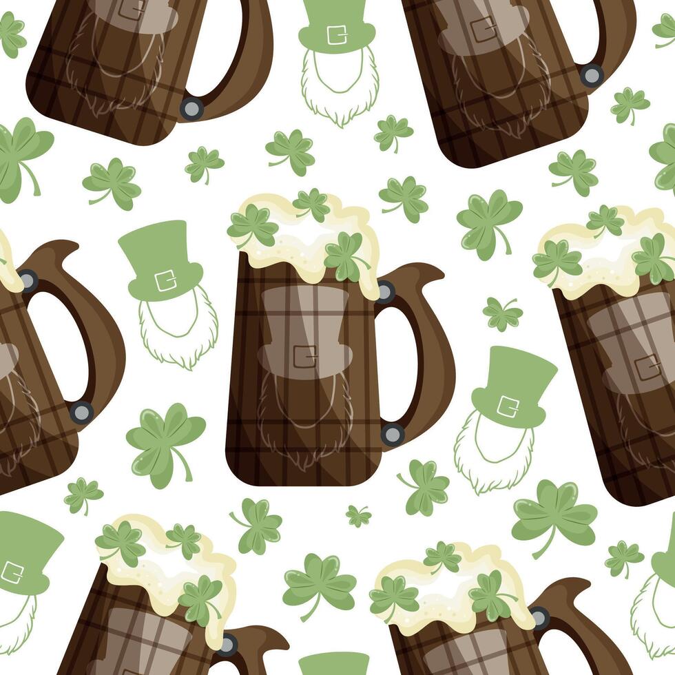 seamless pattern with wooden mugs with leprechaun face print with wheat beer and shamrock leaves arranged randomly, design for St. Patrick's Day vector