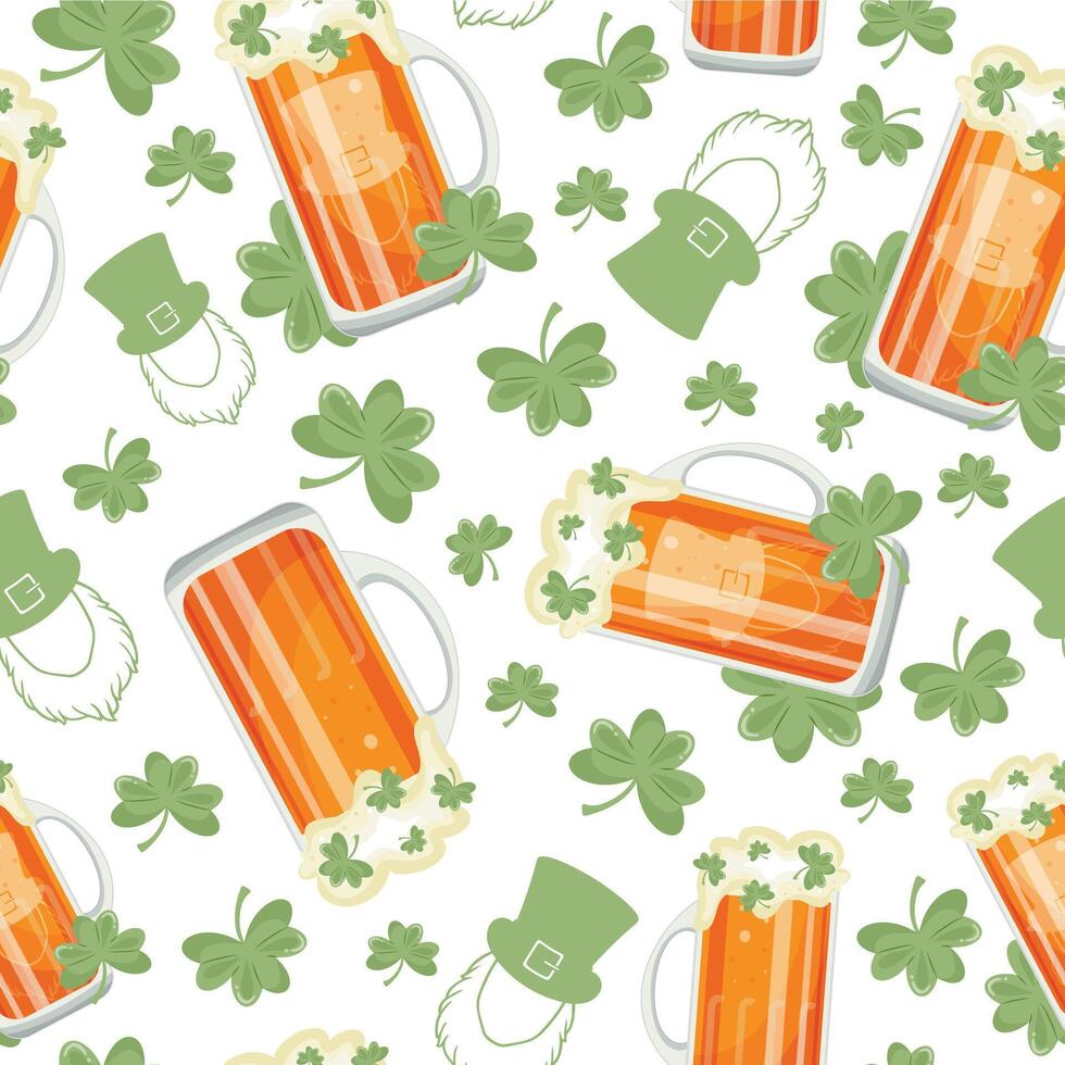 seamless pattern with rectangular glasses with leprechaun face print with wheat beer and shamrock leaves arranged randomly, design for st patrick's day vector