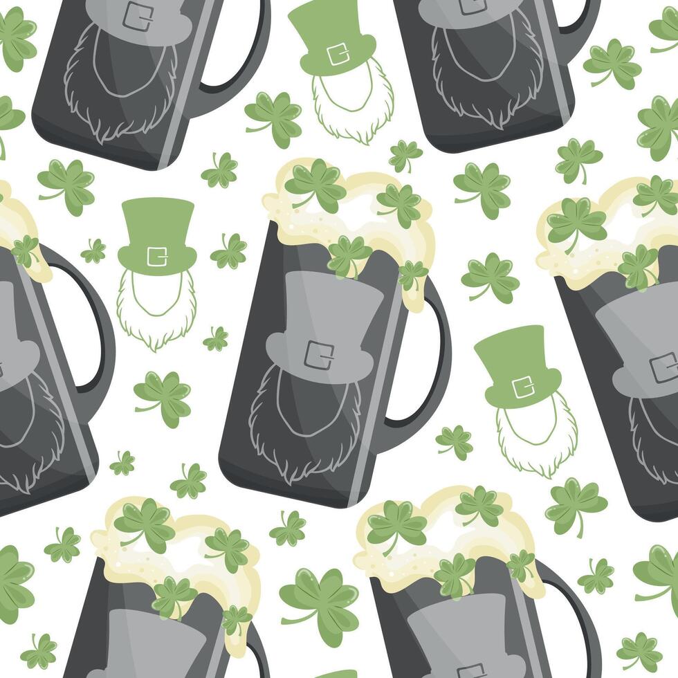 seamless pattern with metal rectangle circles with imprint of leprechaun face with wheat beer and shamrock leaves arranged randomly, design for st patrick's day vector