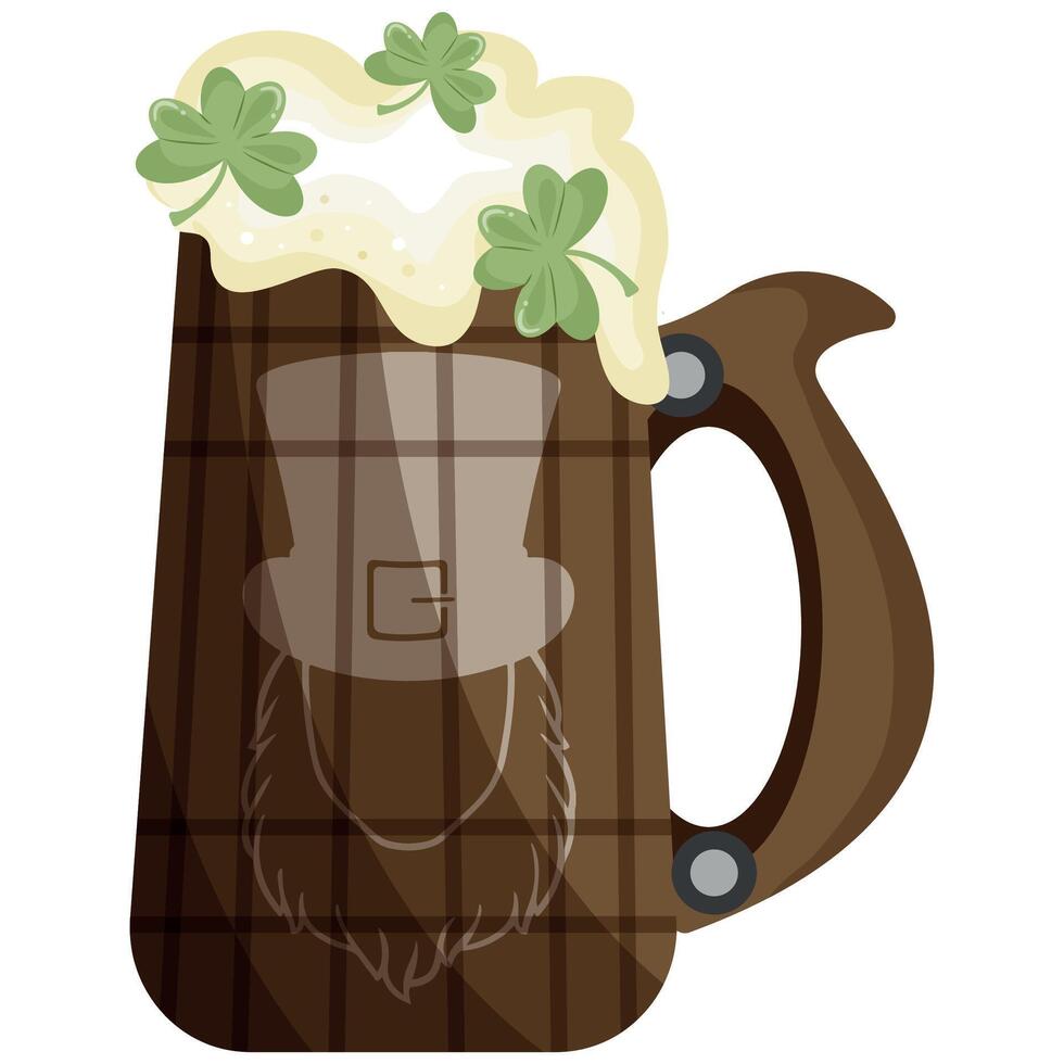 wooden mug icon with leprechaun face print with wheat beer and shamrock leaves, st patrick's day design vector