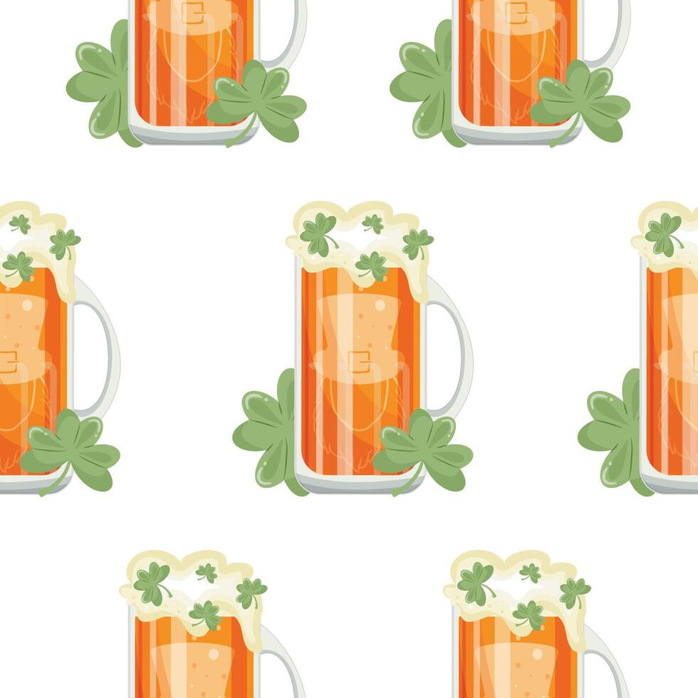 pattern of rectangular glasses with leprechaun face print with wheat beer and shamrocks, design for St. Patrick's Day vector