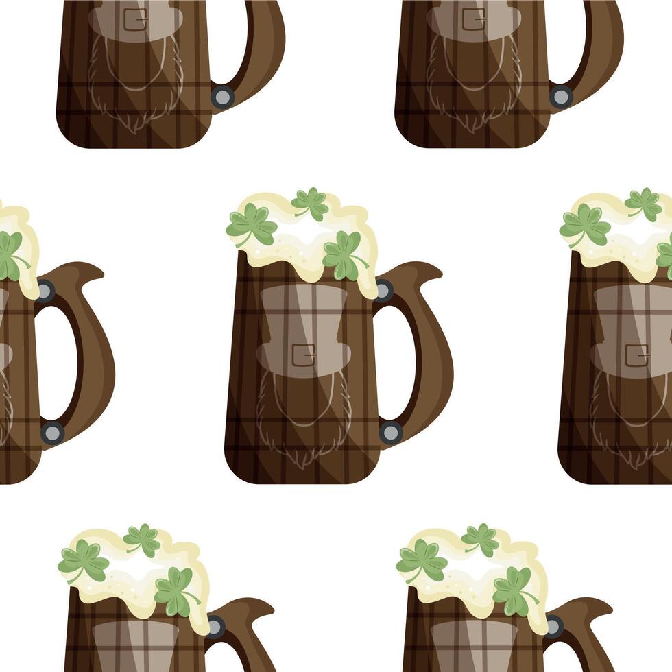 pattern with wooden mugs with leprechaun face print with wheat beer and shamrock leaves, st patrick's day design vector