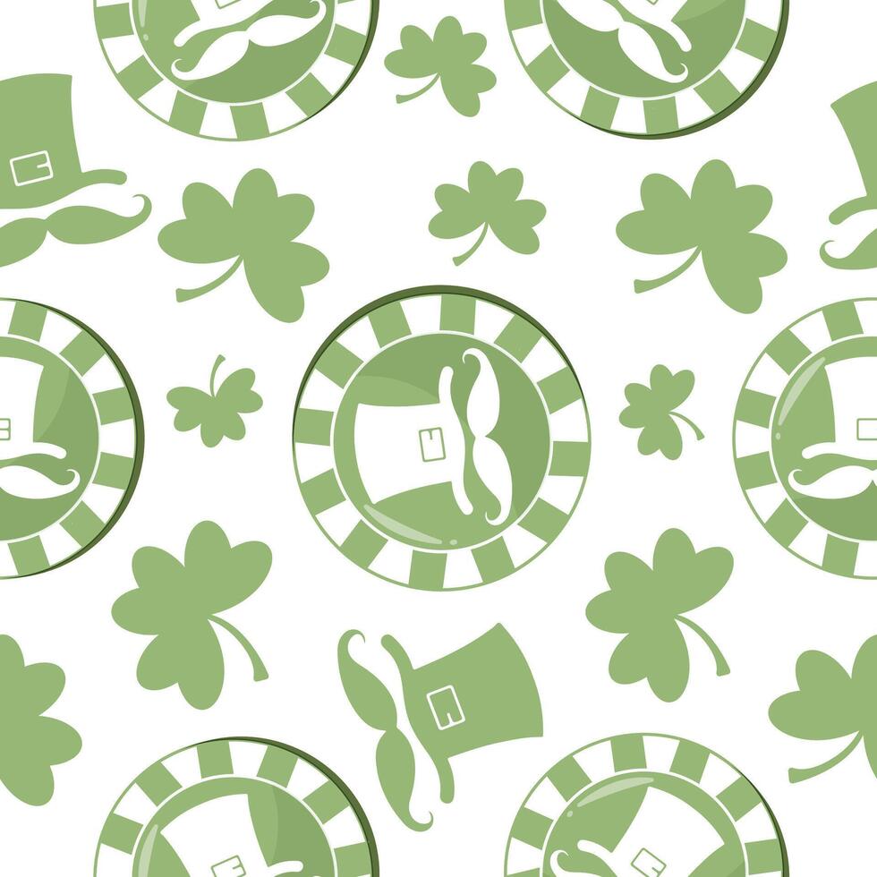 seamless pattern with leprechaun hat and green chips with hat prints arranged randomly, for holiday designs for St. Patrick's Day vector