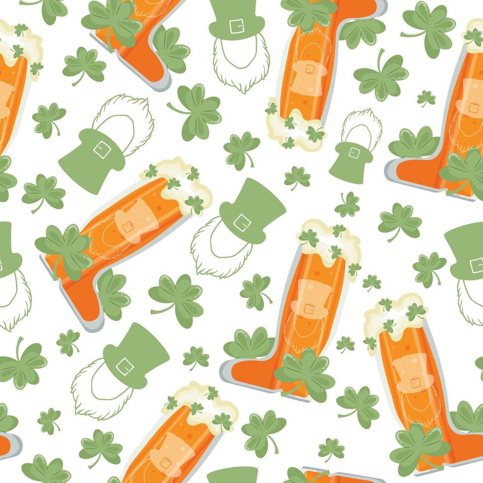 seamless pattern with boot shaped glasses with leprechaun face print with wheat beer and shamrock leaves arranged randomly, st patrick's day design vector