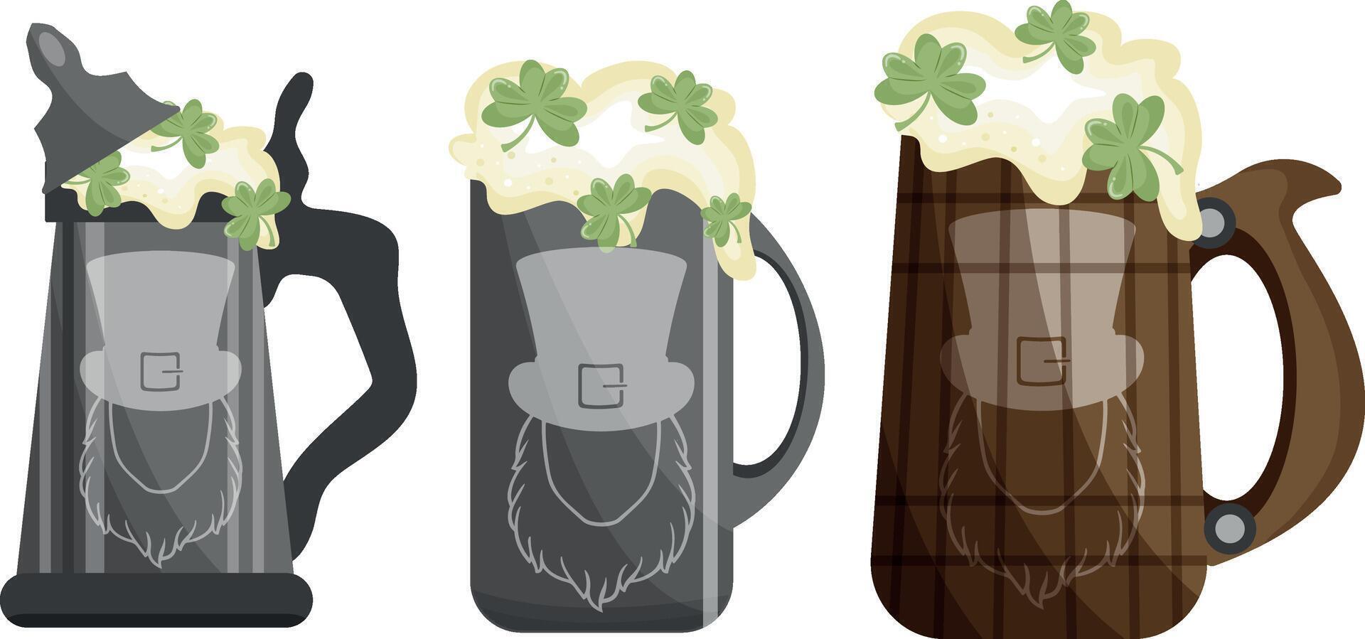 set of assorted mugs in various materials with leprechaun beer and shamrock print for a variety of designs for St. Patrick's Day vector