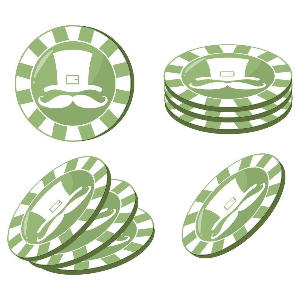 set of round green poker chips with leprechaun hat face print for st patrick's day for various designs and posters vector