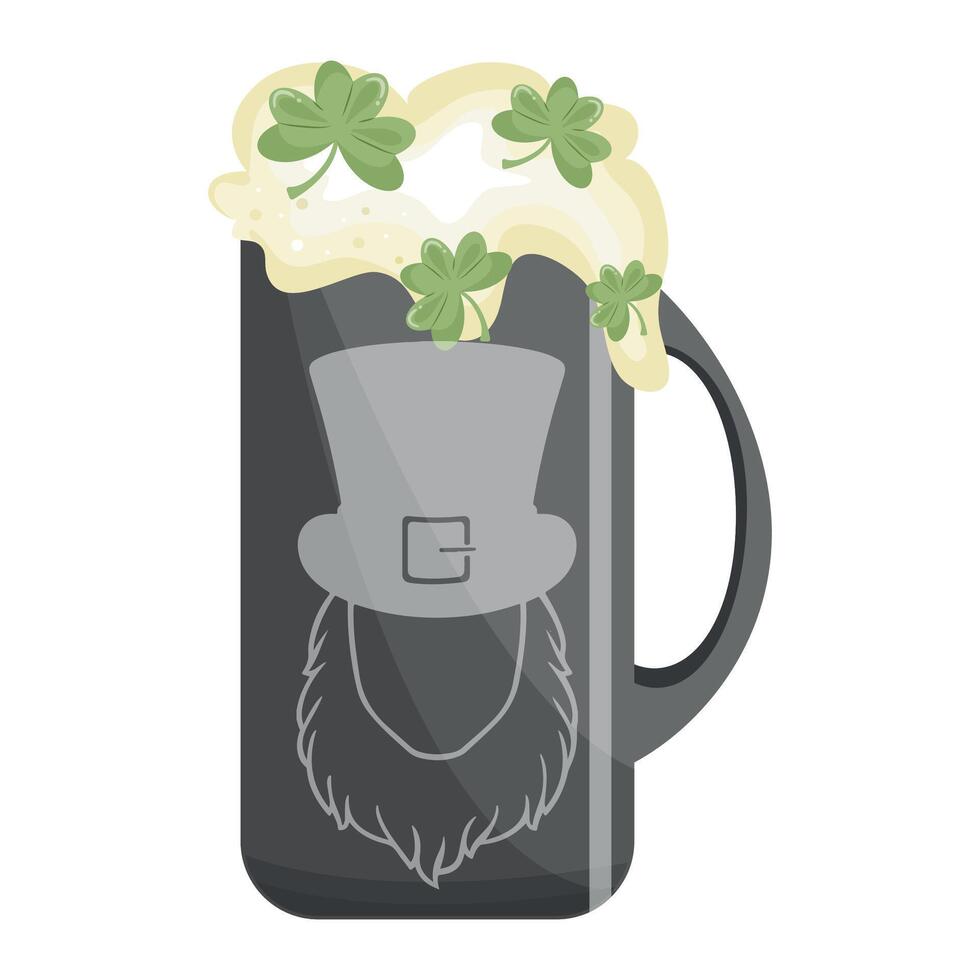 metal rectangle mug icon with leprechaun face print with wheat beer and shamrock leaves design for st patrick's day vector