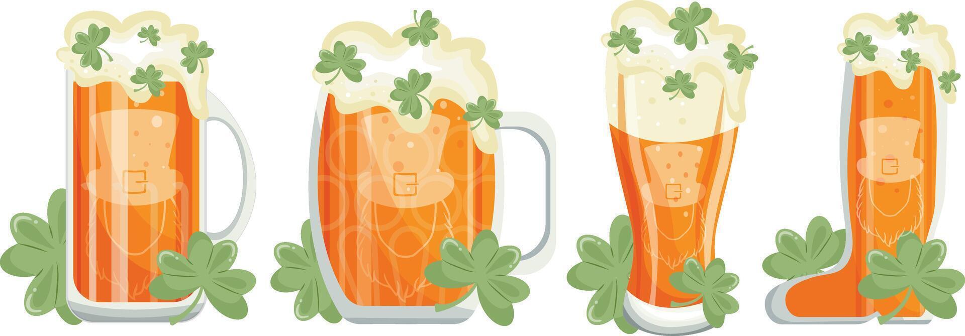 set of various glasses with leprechaun print with beer and shamrock, for various designs for St. Patrick's Day vector