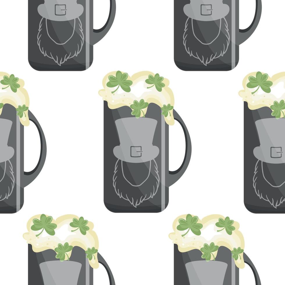 pattern with metal rectangle mugs with leprechaun face print with wheat beer and shamrock leaves, st patrick's day design vector