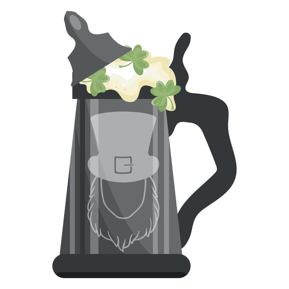 metal mug icon with leprechaun face print with wheat beer and shamrock leaves, st patricks day design vector