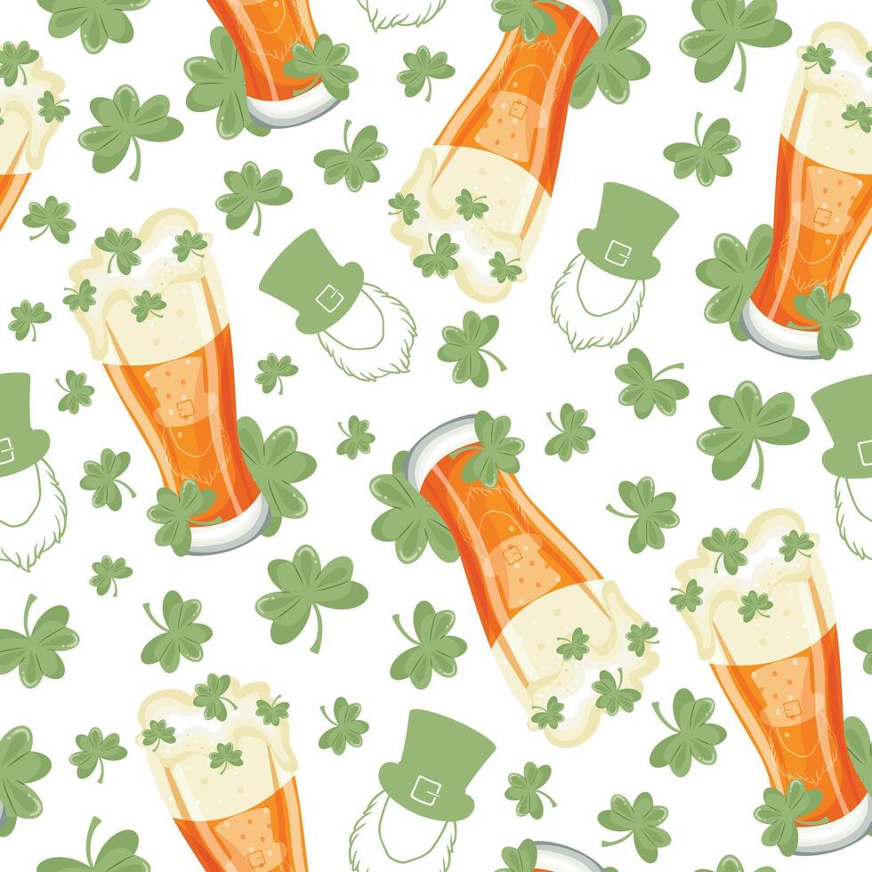 seamless pattern with long glasses with leprechaun face print with wheat beer and shamrock leaves arranged randomly, st patrick's day design vector