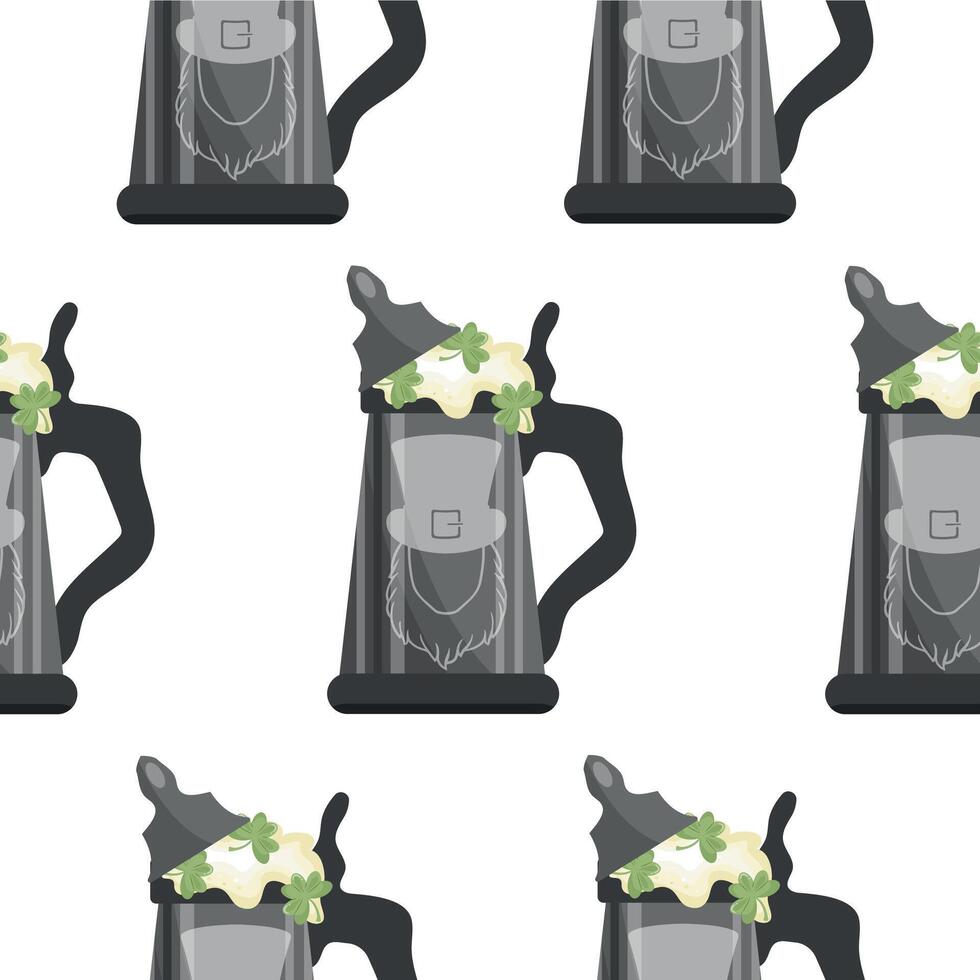 pattern with metal mugs with leprechaun face print with wheat beer and shamrock leaves, st patrick's day design vector